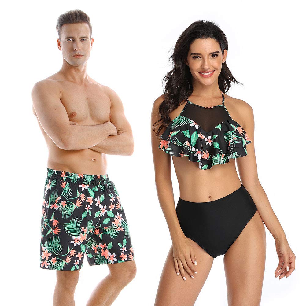 Couple Matching Swimsuits Flower and Green Leaves Bathing Suits