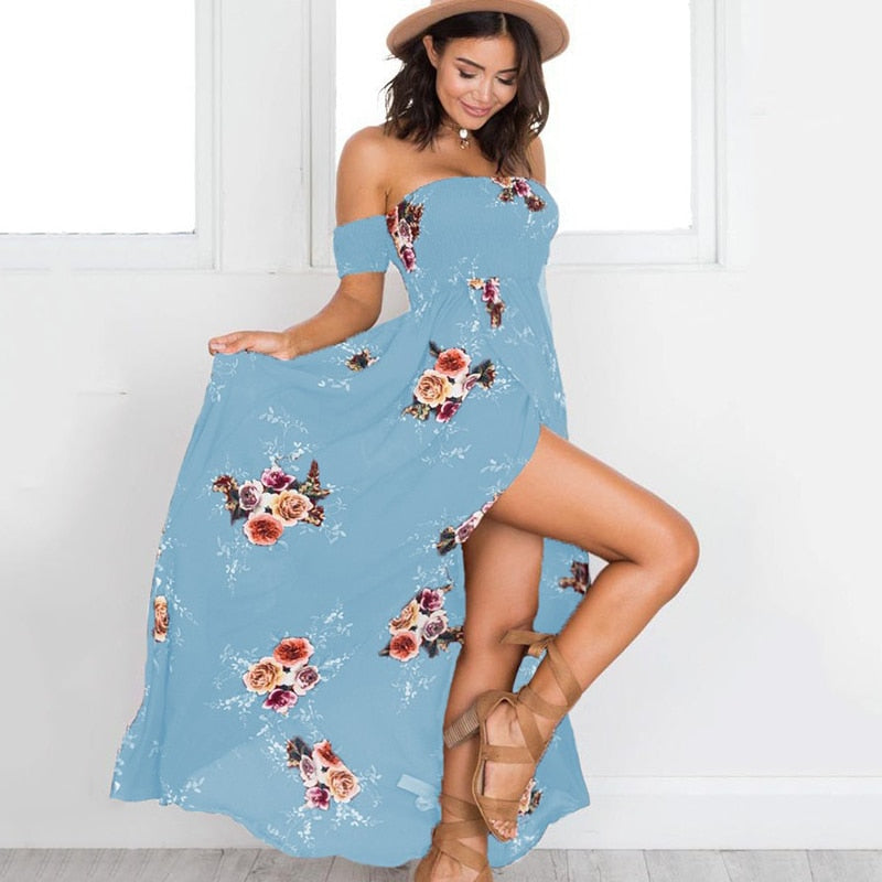 Off Shoulder Floral Print Maxi Long Dresses