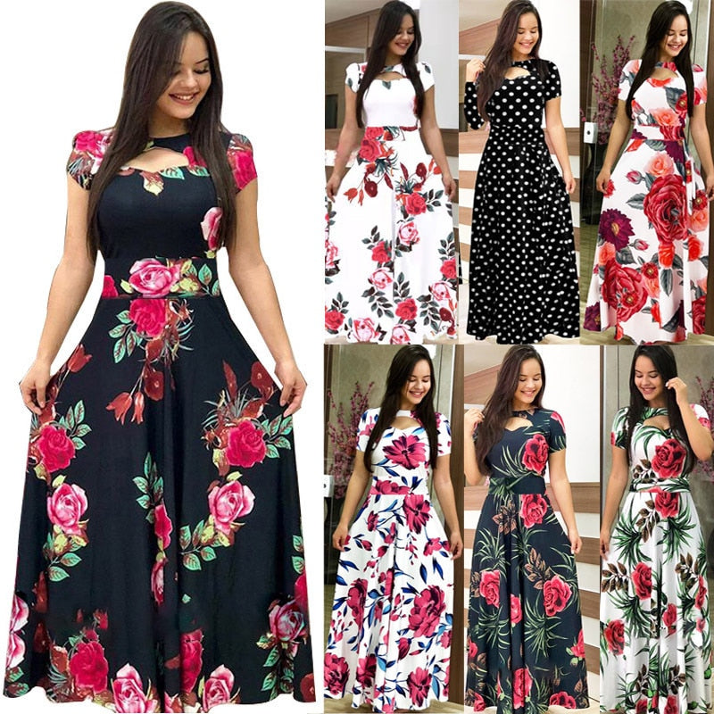 Short Sleeve Hollow Out O-neck Long Maxi Dress Elegant Floral Printed