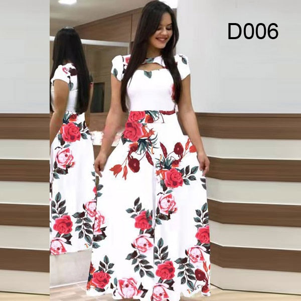 Short Sleeve Hollow Out O-neck Long Maxi Dress Elegant Floral Printed
