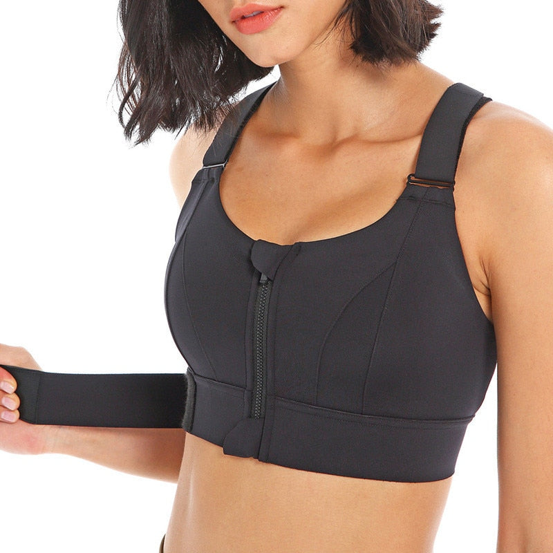 Women Plus Size Front Zipper Adjustable Strap Shockproof Gym Fitness Athletic Brassiere Sports Bras