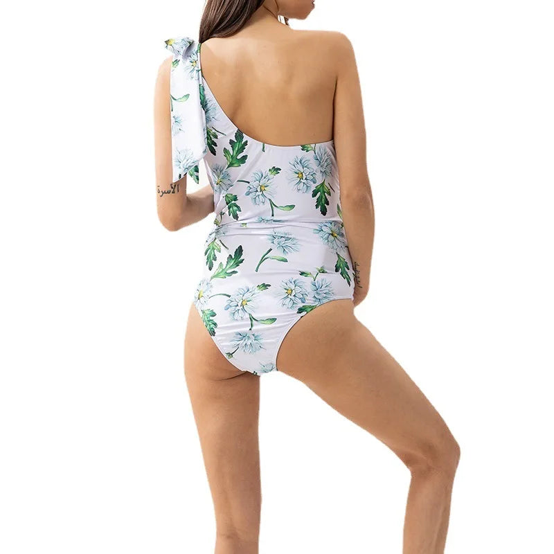 Women's Maternity Swimsuit One Piece Pleated Single Shoulder Strap Lace-up Print Pregnancy Swimwear Beach Bathing Suits