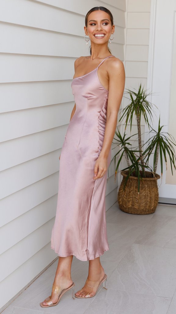 One Shoulder Satin Bridesmaid Dress-Dusty Pink