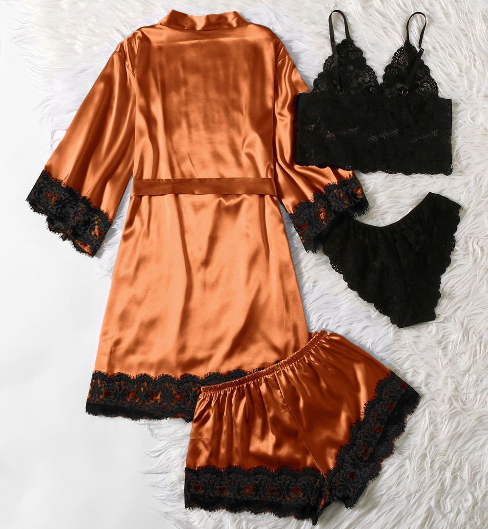 Women Orange Satin Pajamas Lace Exotic Lingerie 4-Piece Set