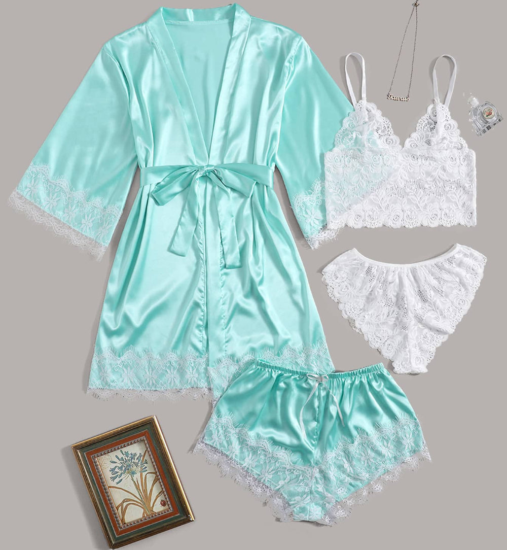 Women Light Blue Satin Pajamas Lace Exotic Lingerie 4-Piece Set