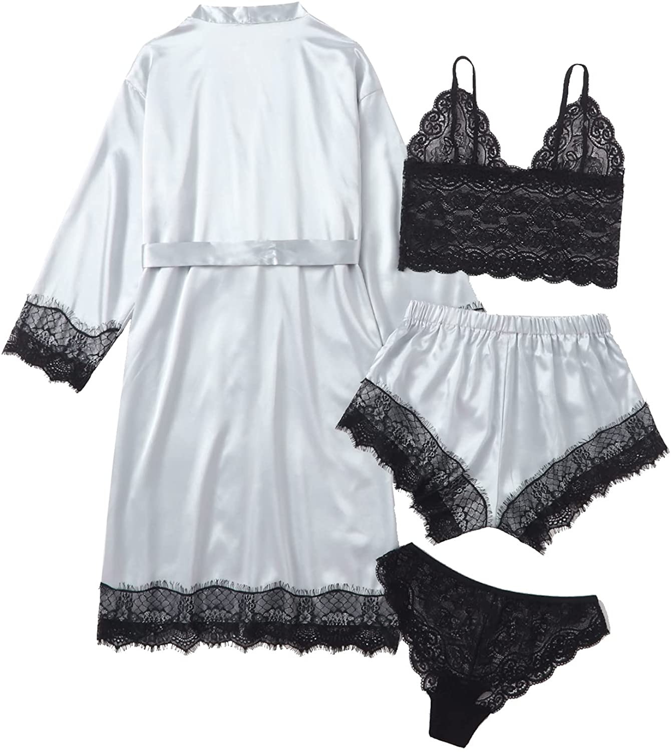 Women Grey Satin Pajamas Lace Exotic Lingerie 4-Piece Set
