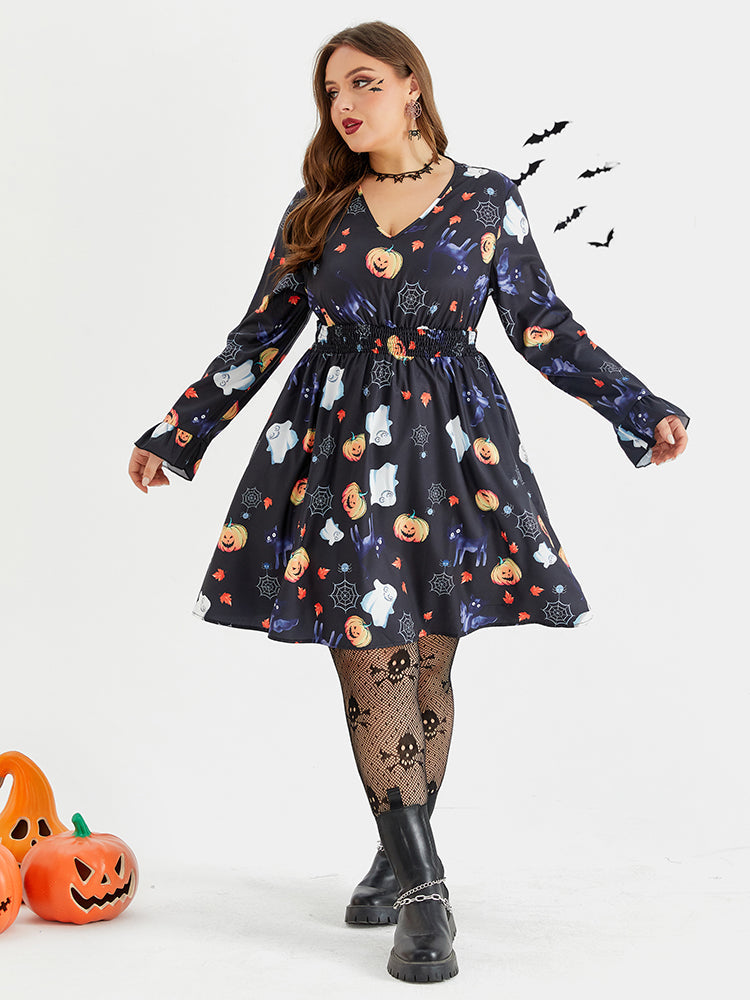 Halloween Print Flounce Sleeve Elastic Waist Dress