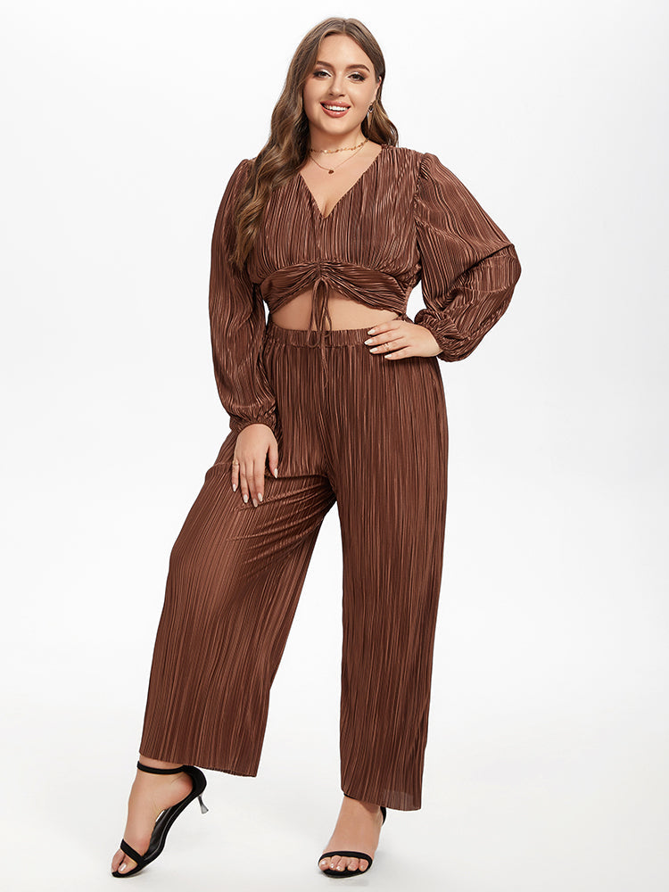 Drawstring Front Cut Out Lantern Sleeve Jumpsuit
