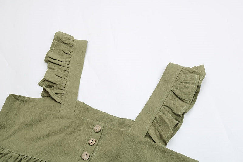 Women Green Ruffled Square Neck Loose Cotton Linen Camisole 7869