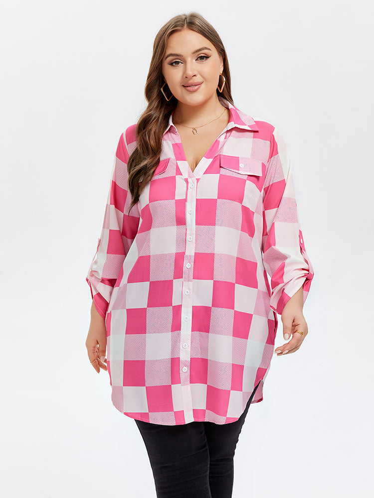 Gingham Print Button Front Pocket Blouse