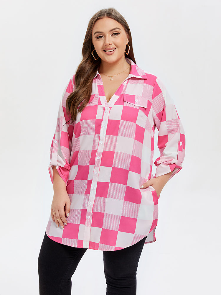 Gingham Print Button Front Pocket Blouse