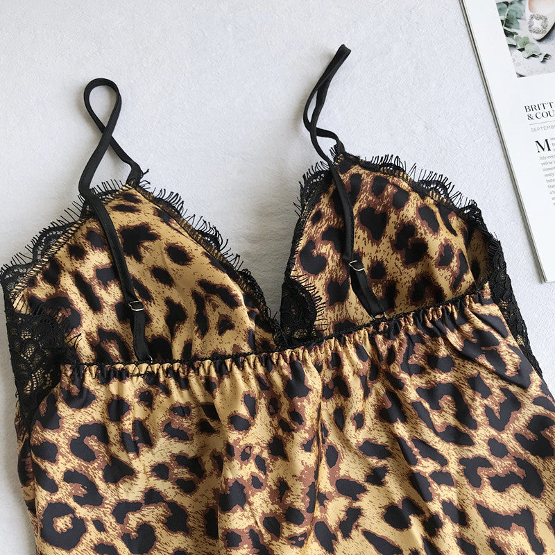 Women Leopard Print Lace Pajamas Three-Piece Loungewear Set 145