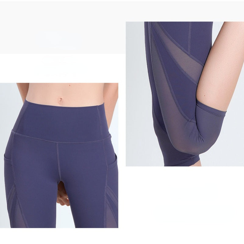 Women White Black Navy Mesh Splicing Tight Yoga Cropped Pants with Pockets KZ608
