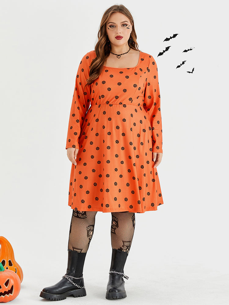 Halloween Print Square Neck Pocket  Midi Dress