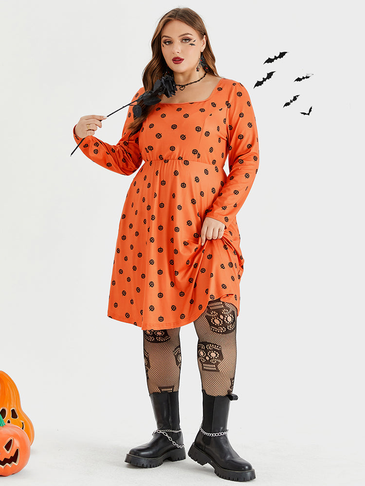 Halloween Print Square Neck Pocket  Midi Dress