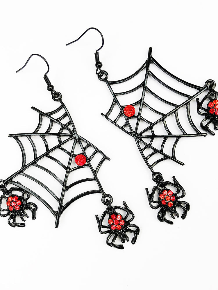 Halloween Spider Web & Spider Shaped Earrings With Gemstone  Inlay