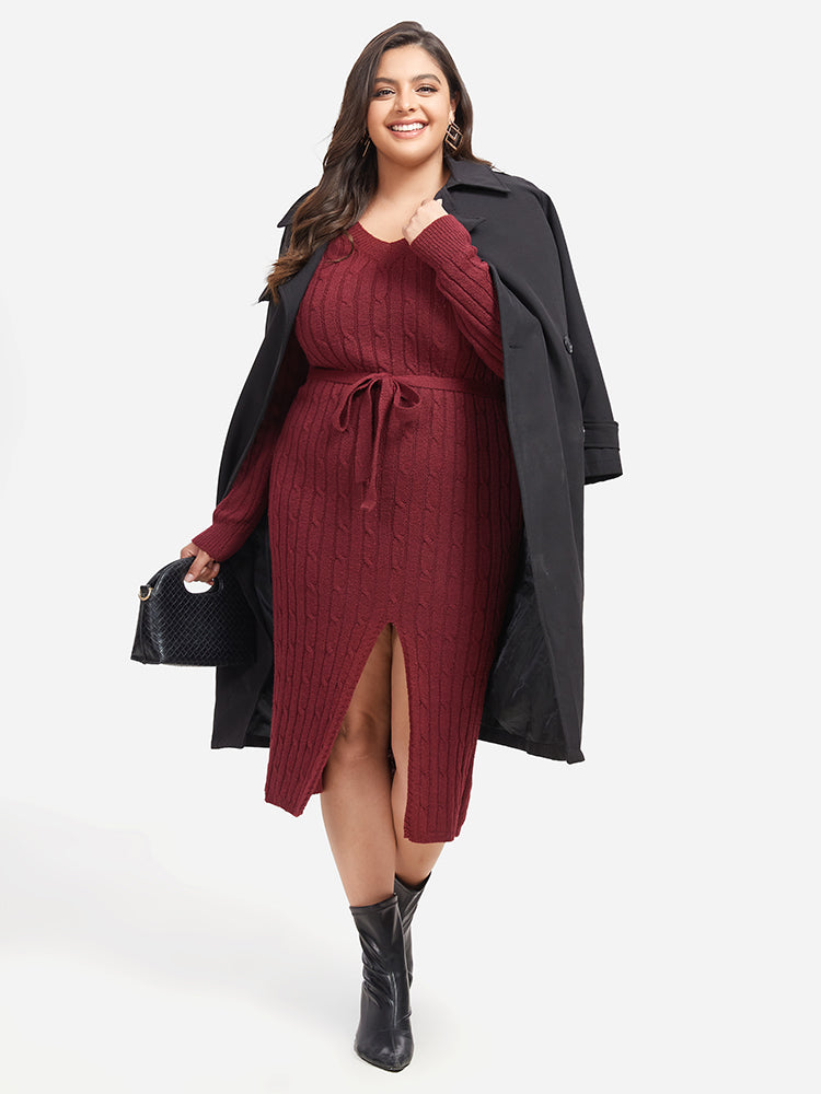 Cable Knit Belted Split  Midi Sweater Dress