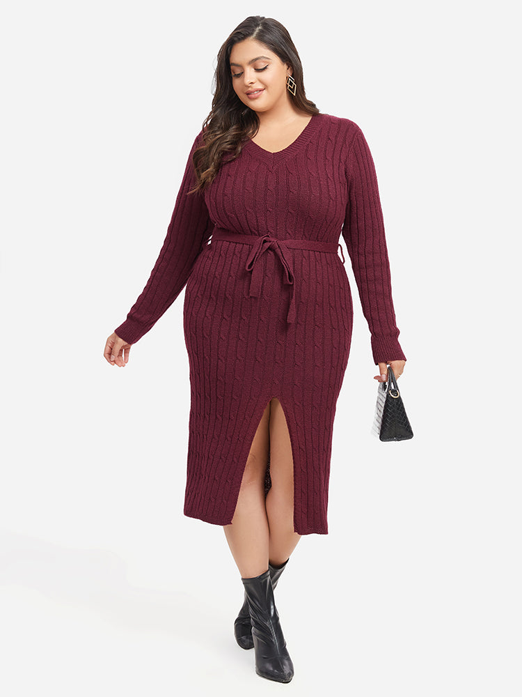 Cable Knit Belted Split  Midi Sweater Dress