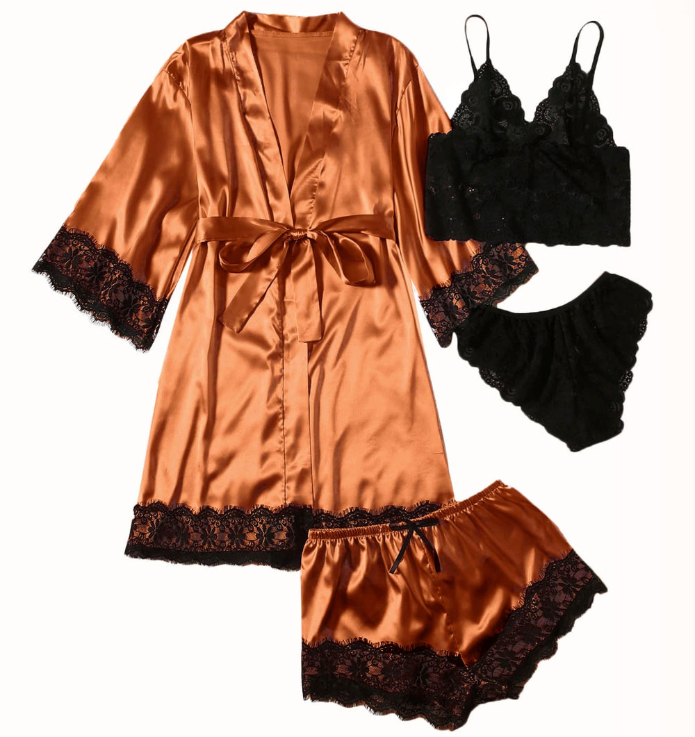 Women Orange Satin Pajamas Lace Exotic Lingerie 4-Piece Set